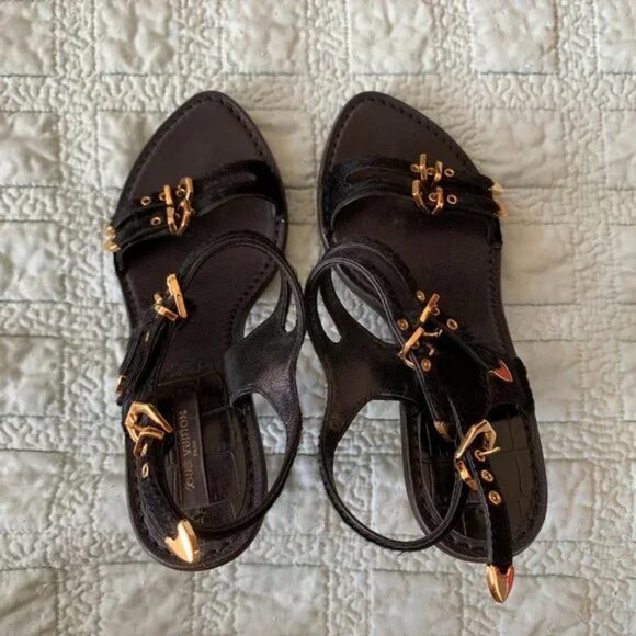 READ DESCR Louis Vuitton Black Tupelo Sandals Calf Leather w/ Box Size 34.5 Rubb - Picture 3 of 10